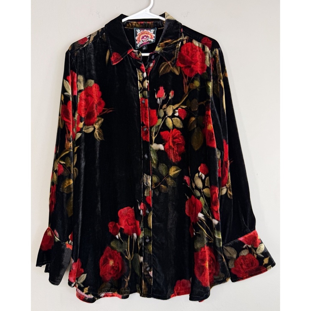 Johnny Was Medium Velvet Rosana Shirt Top Relaxed Seamed Floral Rose Print L/S